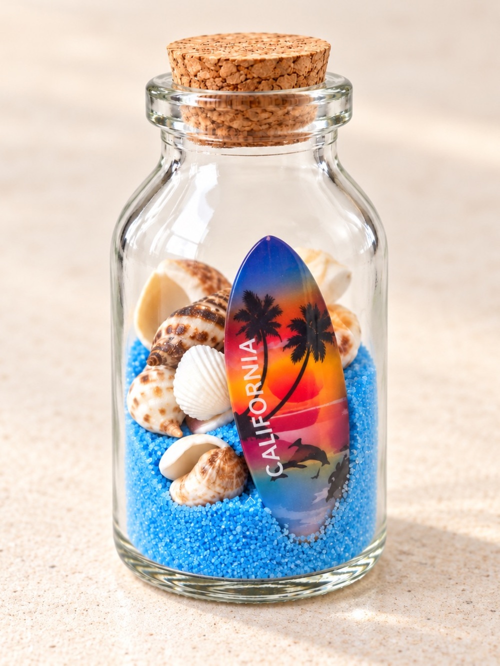 California Souvenir Blue Sand & Seashell Glass Bottle